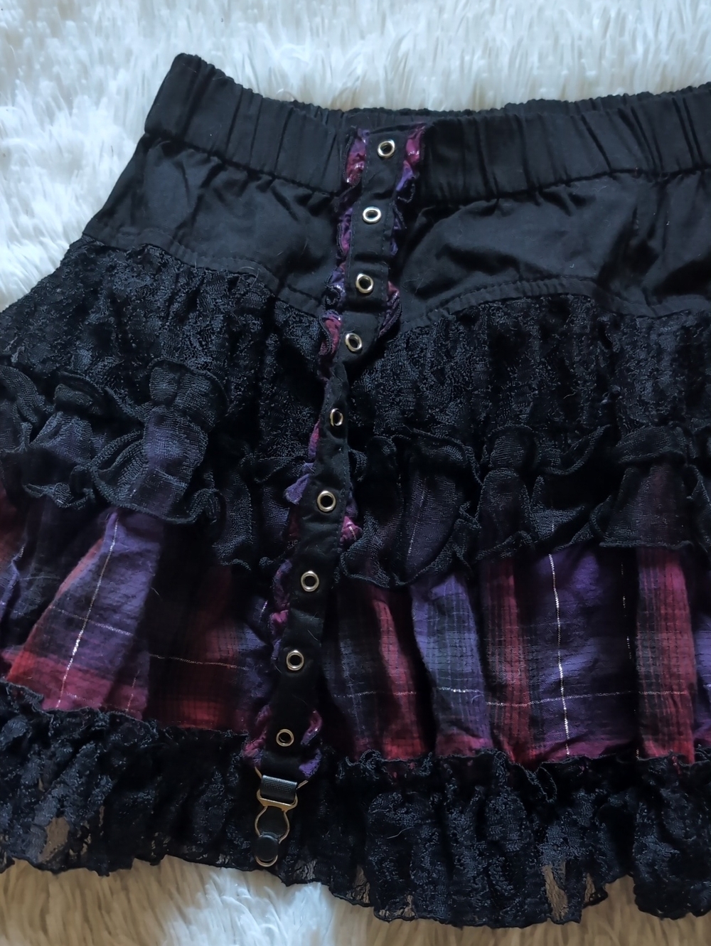 Y2K Tripp NYC Garter Strap Purple Plaid & Black Lace Gothic Mini Skirt XL - Picture 7 of 11